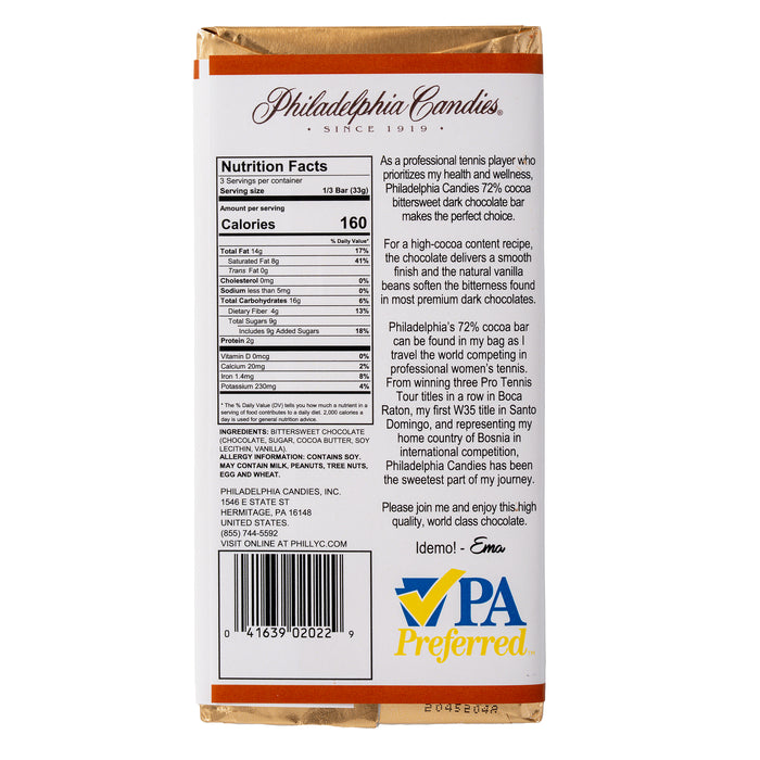 Philadelphia Candies x Ema Burgic, 72% Cocoa Signature Dark Chocolate Bar, 3.5 Ounce