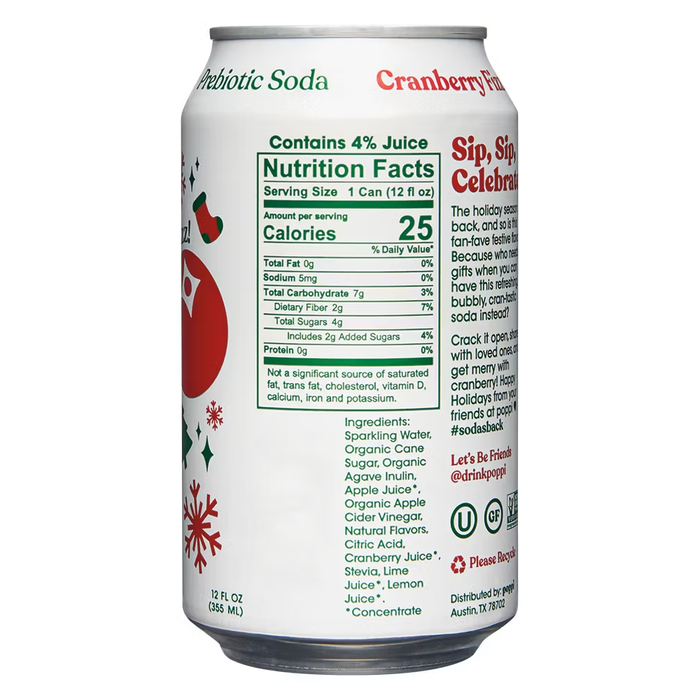 Poppi Cranberry Fizz Flavor, Sparkling Prebiotic Soda Beverage with Apple Cider Vinegar, Seltzer Water and Fruit Juice, 12 fl oz