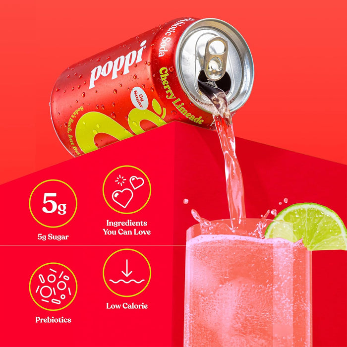 Poppi Cherry Limeade Flavor, Sparkling Prebiotic Soda Beverage with Apple Cider Vinegar, Seltzer Water and Fruit Juice, 12 fl oz