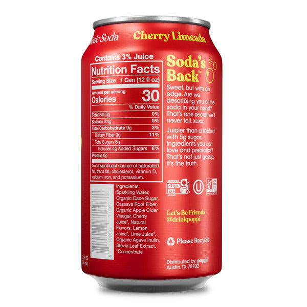 Poppi Cherry Limeade Flavor, Sparkling Prebiotic Soda Beverage with Apple Cider Vinegar, Seltzer Water and Fruit Juice, 12 fl oz
