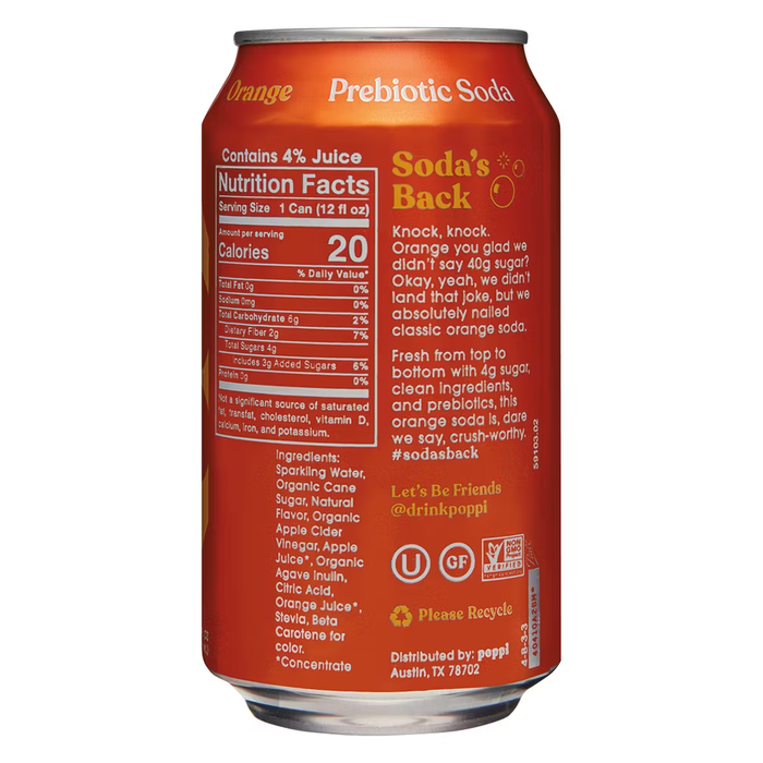 Poppi Orange Flavor, Sparkling Prebiotic Soda Beverage with Apple Cider Vinegar, Seltzer Water and Fruit Juice, 12 fl oz