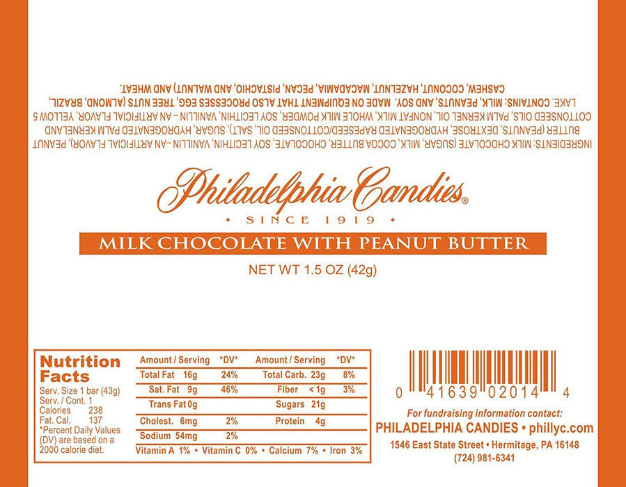 Philadelphia Candies Milk Chocolate Bar with Peanut Butter, 1.5 Ounce, Pack of 30
